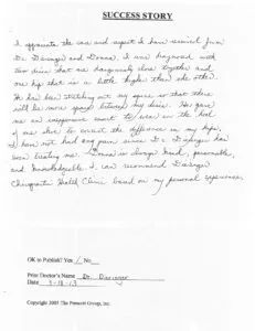 Handwritten success story testimonial dated 9-18-13, signed by Dr. Dieringer, describing patient experience with chiropractic care.