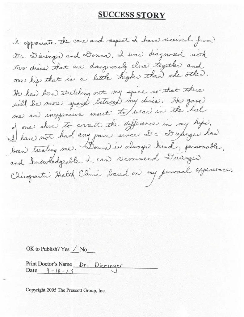 Handwritten success story testimonial dated 9-18-13, signed by Dr. Dieringer, describing patient experience with chiropractic care.