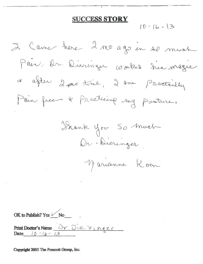 Handwritten success story dated 10-6-13 describing chiropractic treatment experience, signed by patient from Dieringer Chiropractic Health Clinic