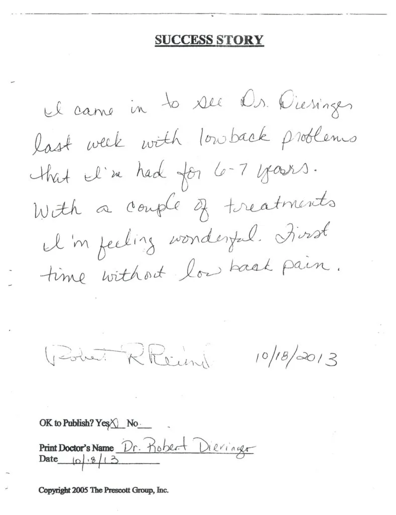 Handwritten success story testimonial dated October 18, 2013, describing relief from lower back pain after chiropractic treatments