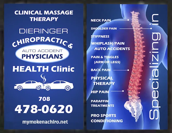 Chiropractic clinic advertisement showing spinal anatomy with treatment options including neck pain, shoulder pain, back pain, and physical therapy services.