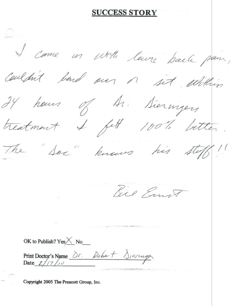 Handwritten success story testimonial describing relief from lower back pain after chiropractic treatment, signed and dated by patient