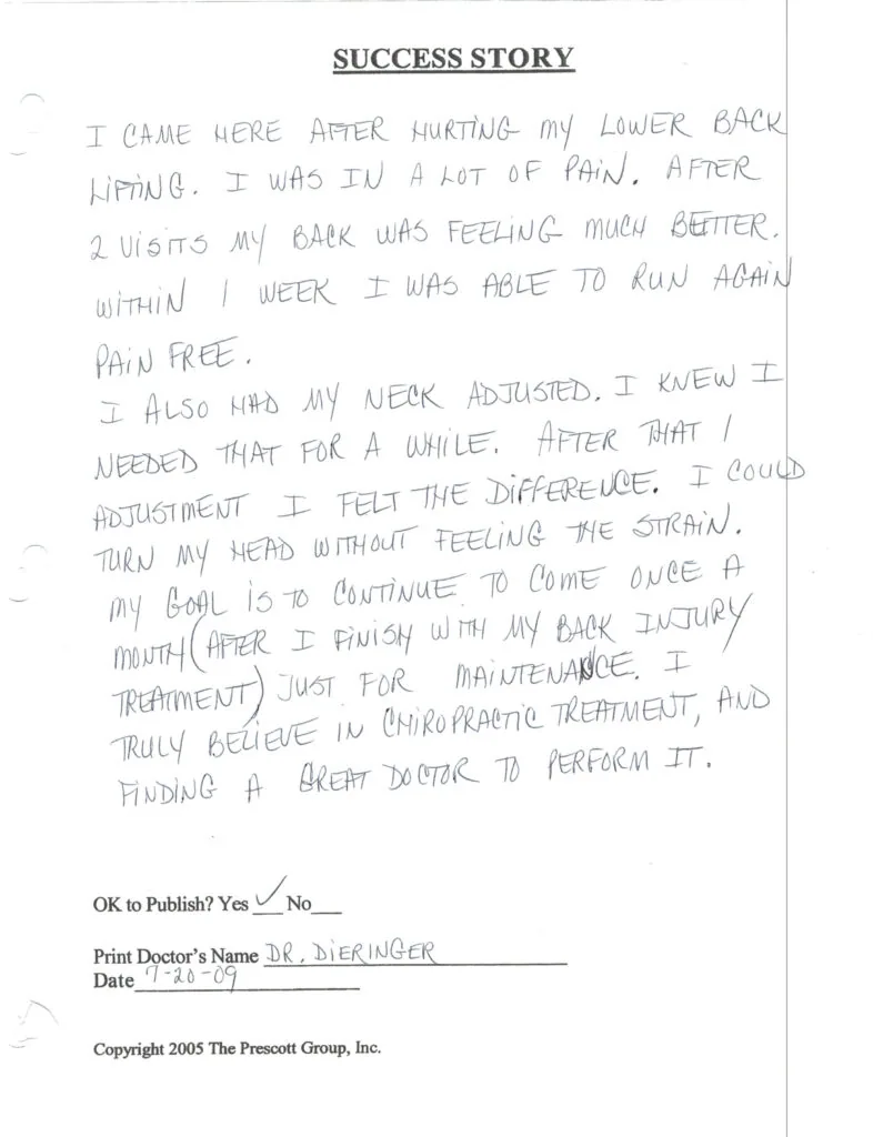 Handwritten patient success story describing lower back pain recovery after chiropractic treatment and neck adjustment