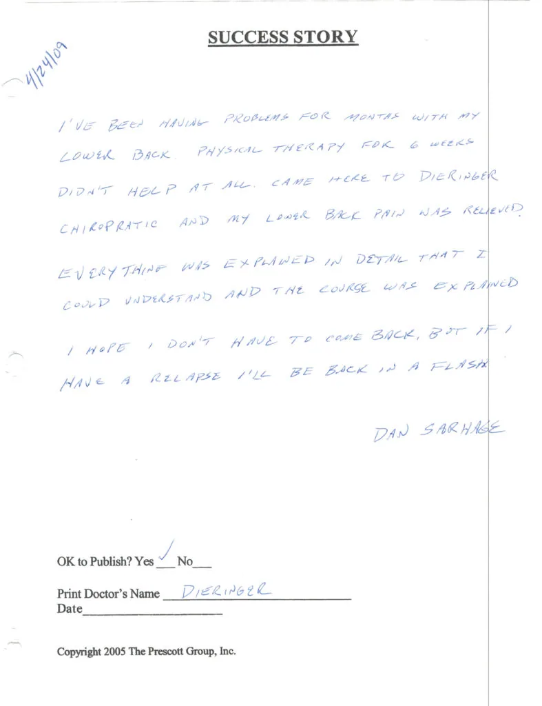 Handwritten success story describing lower back pain relief from physical therapy and chiropractic care, signed by Dan Sarhle
