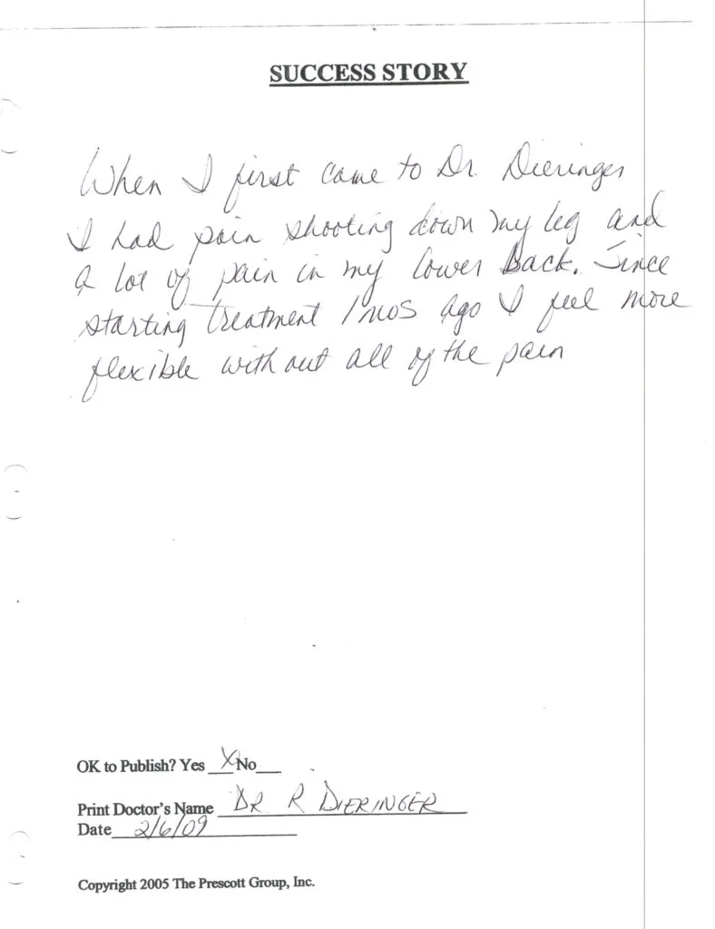 Handwritten success story describing pain relief from chiropractic treatment, marked for publication with doctor's signature and date.