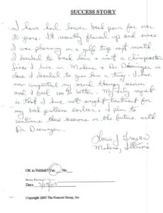 Handwritten success story testimonial describing lower back pain relief after chiropractic treatment, signed and dated September 2009