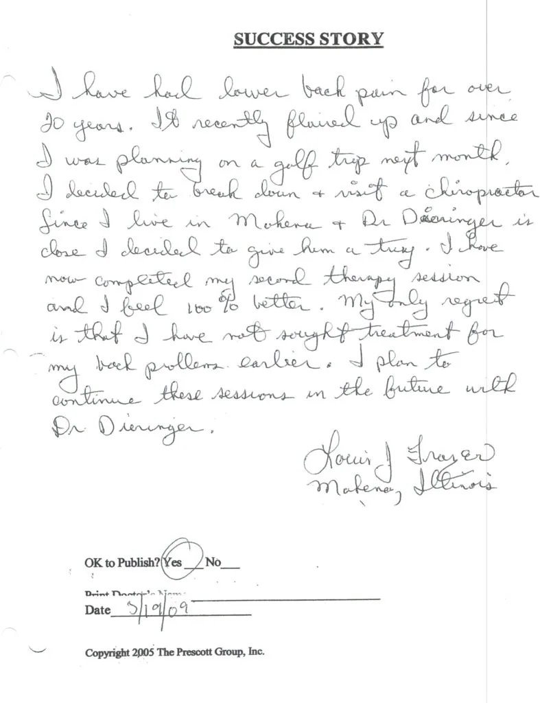 Handwritten success story testimonial describing lower back pain relief after chiropractic treatment, signed and dated September 2009