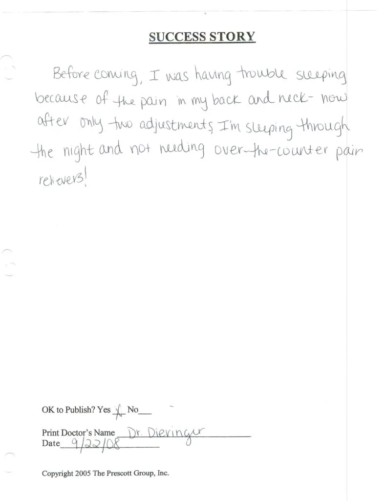 Handwritten success story describing improved sleep and reduced back and neck pain after chiropractic adjustments