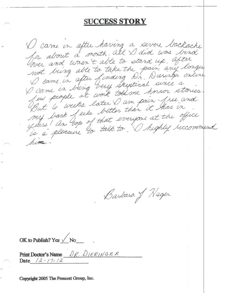 Handwritten success story testimonial from Barbara J Kage describing chiropractic treatment experience, dated 12-17-12, with publication approval checkbox and doctor's name Dr. Dieringer