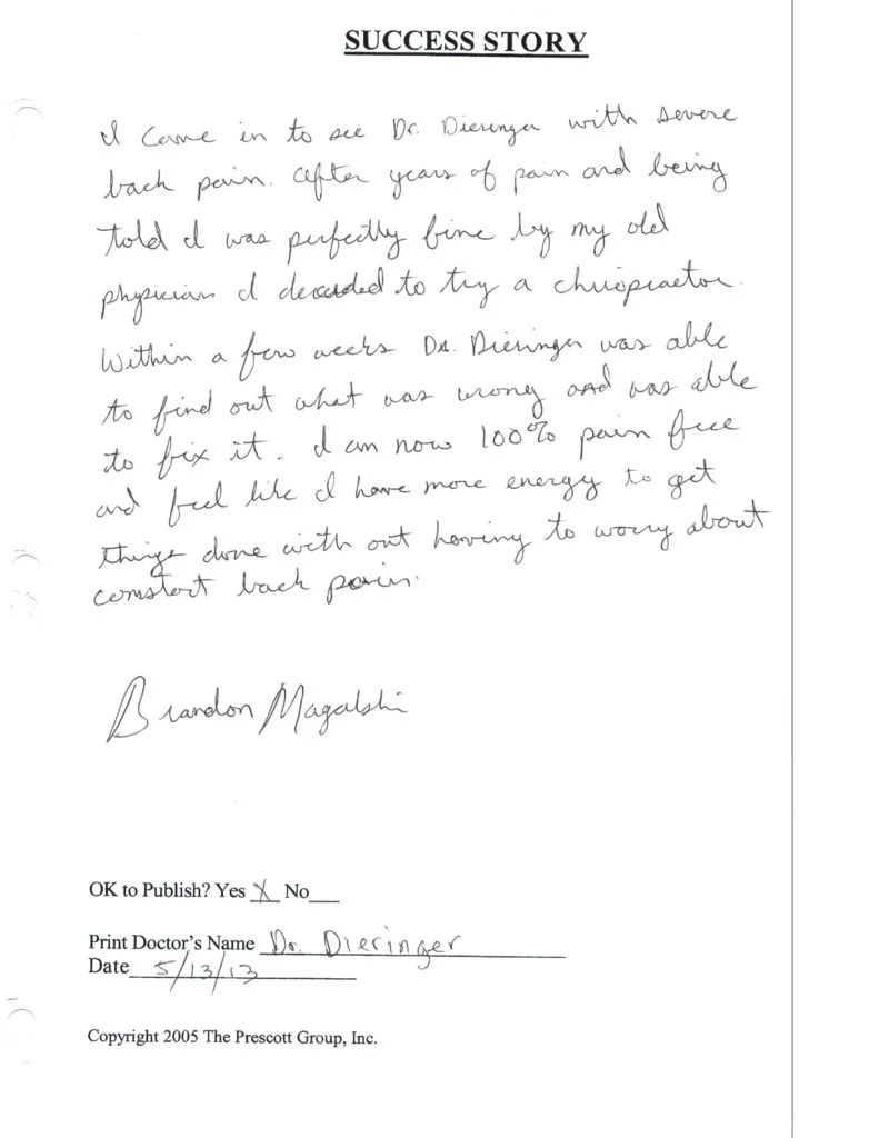 Handwritten success story dated 5/12/03 describing back pain relief from chiropractic treatment, signed by Brandon Magalski