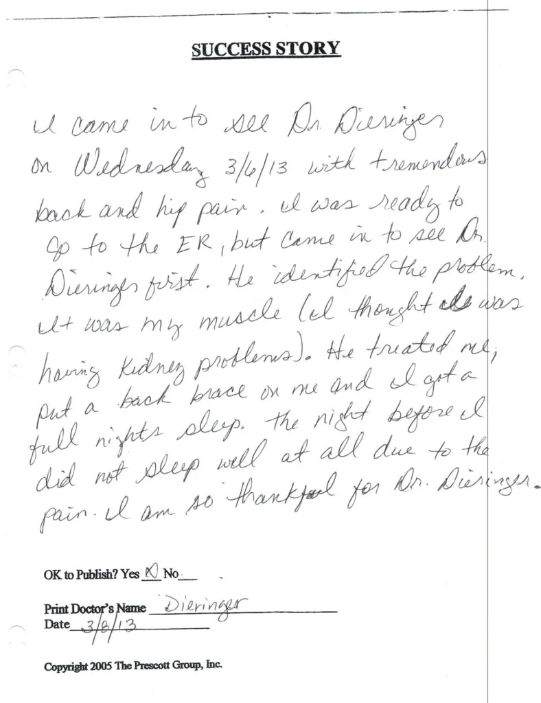 Handwritten success story dated 3/6/13 describing patient experience at Dieringer Chiropractic, approved for publication