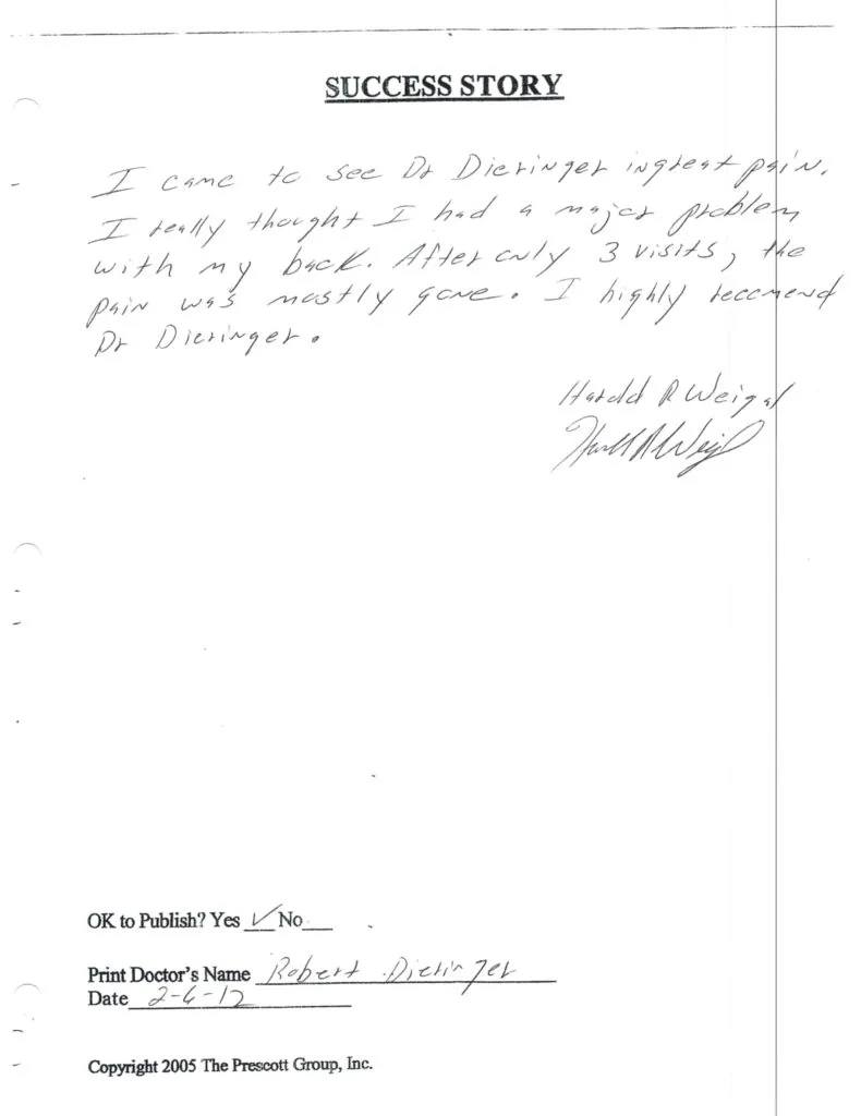 Handwritten success story testimonial dated 2-6-12, signed by Harold Buckley, describing back pain relief after visiting Dr. Dieringer