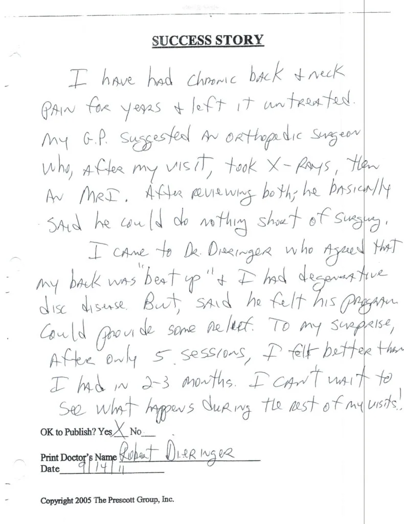 Handwritten patient success story describing chronic back and neck pain treatment by an orthopedic surgeon and chiropractor, signed by Robert Dieringer, dated 9/19/11