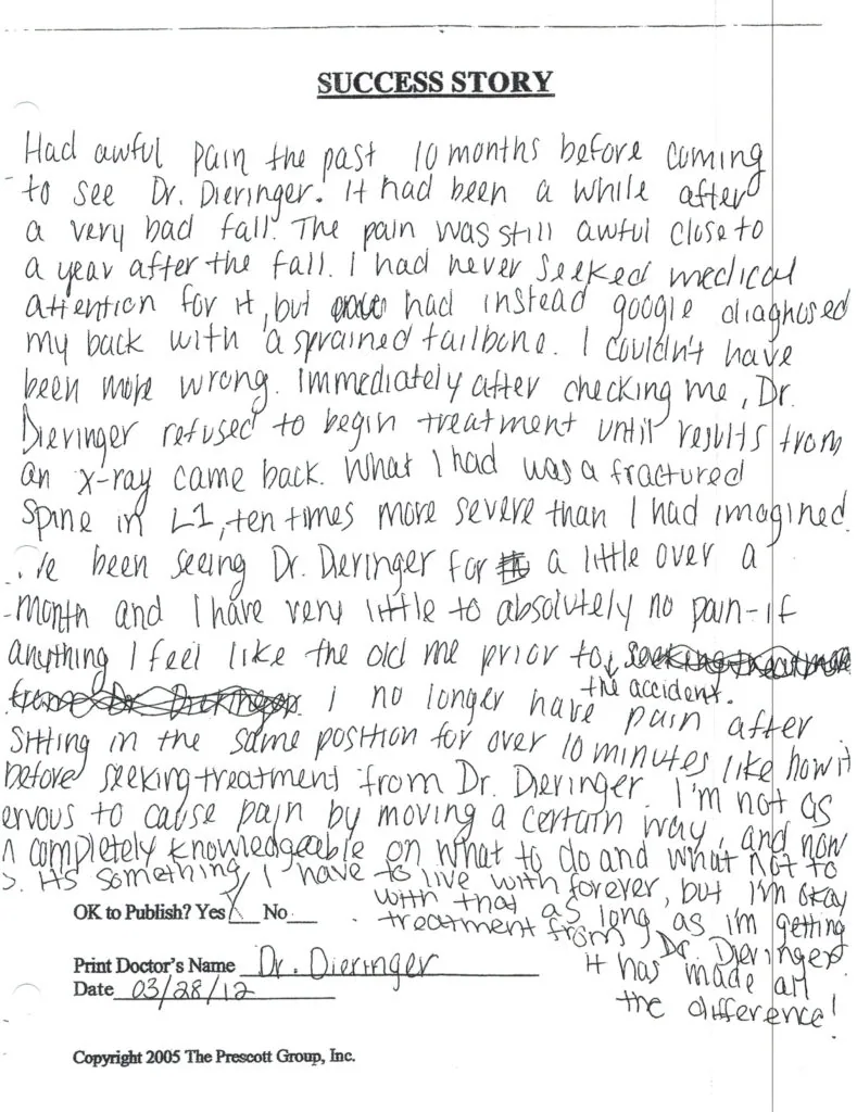 Handwritten success story testimonial describing back pain recovery after chiropractic treatment with Dr. Dieringer