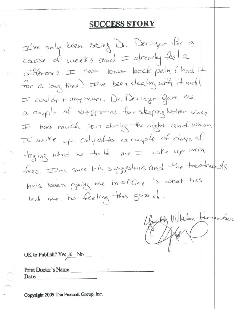 Handwritten patient testimonial describing lower back pain relief after chiropractic treatment, signed and dated