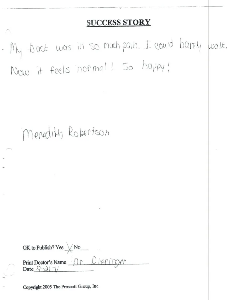 Handwritten success story describing back pain relief, signed by Meredith Robertson, dated 9-23-11