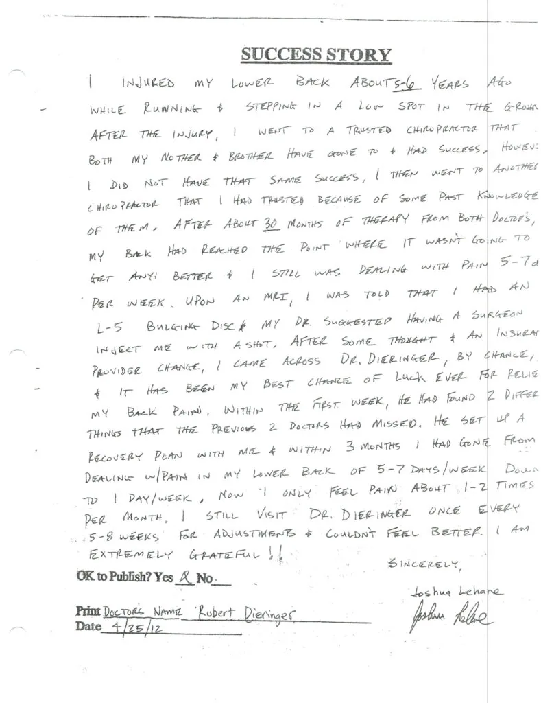 Handwritten success story describing back injury recovery through chiropractic care and therapy
