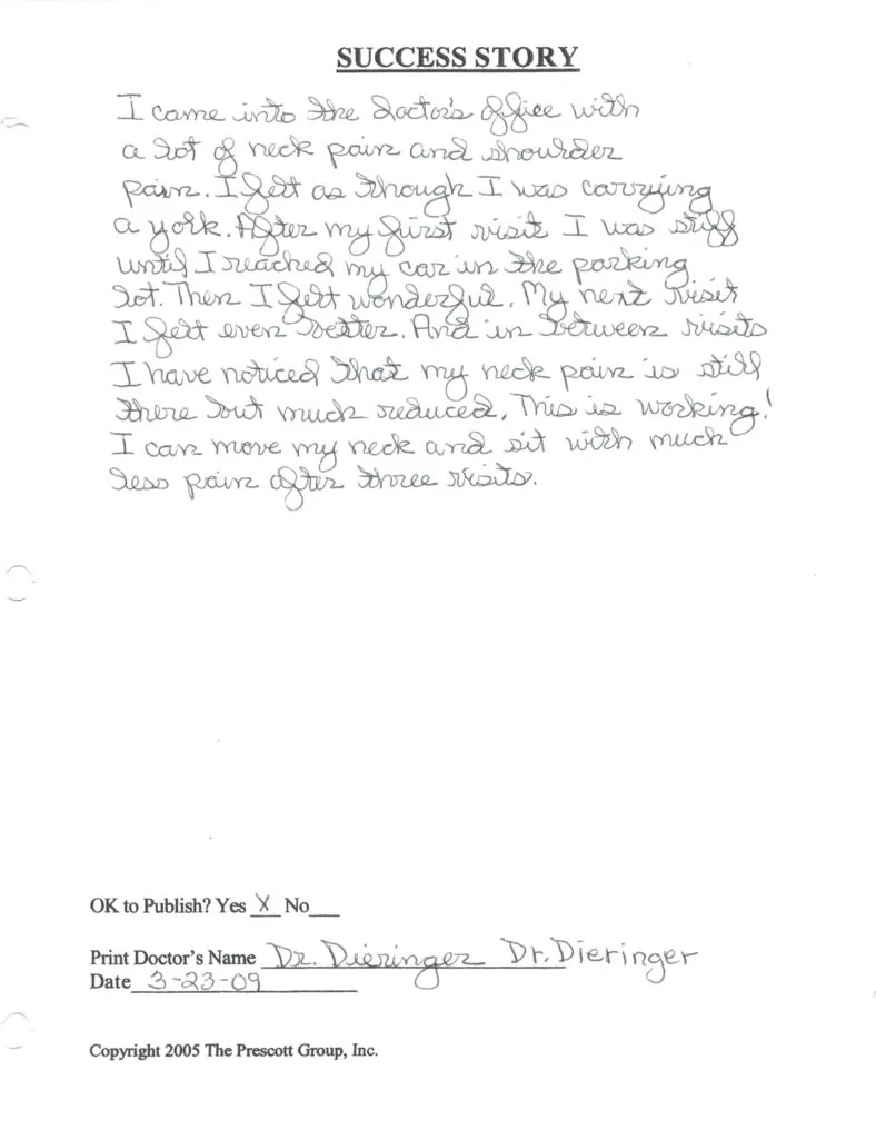 Handwritten success story describing neck and shoulder pain relief after chiropractic treatment, signed by Dr. Dieringer dated 3-22-09