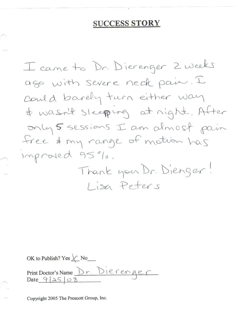 Handwritten success story testimonial from Lisa Peters describing treatment for severe neck pain at Dr. Dierenger's clinic