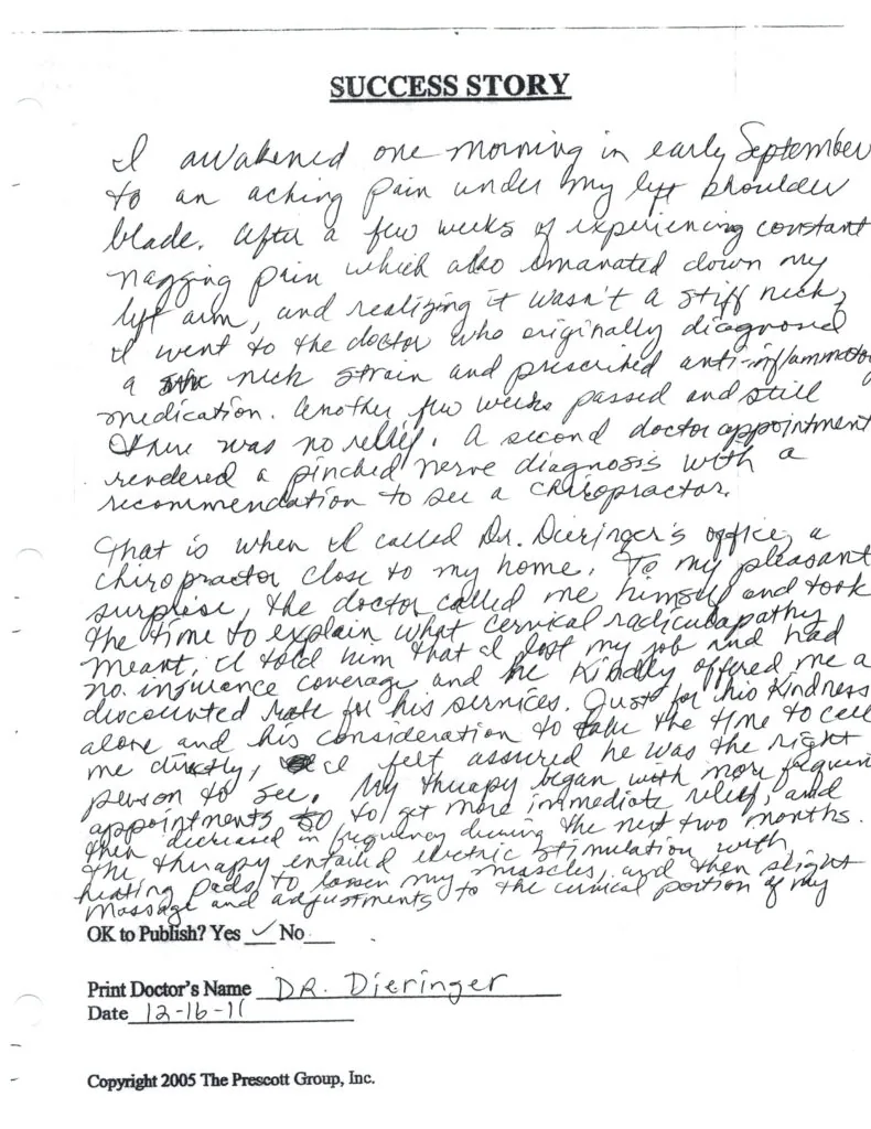 Handwritten success story testimonial dated January 16, 2011, describing chiropractic treatment for arm pain and nerve issues, signed by Dr. Dieringer