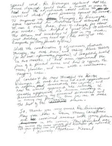 Handwritten letter describing spinal cord and neck adjustment treatment for pain relief and recovery