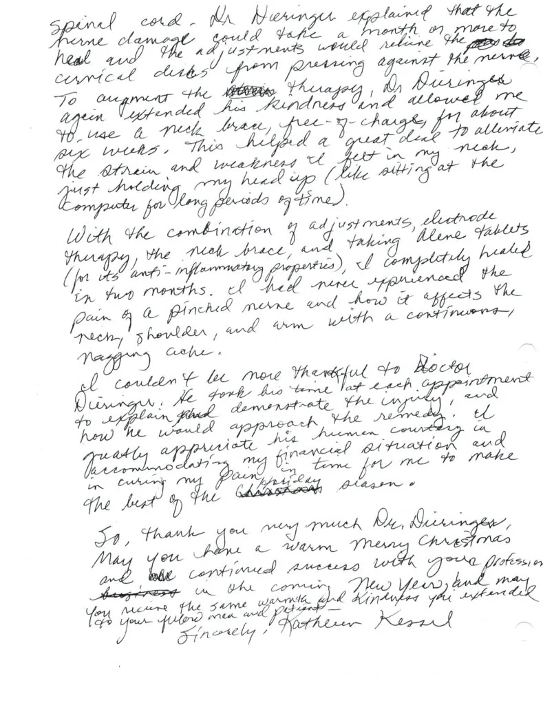 Handwritten letter describing spinal cord and neck adjustment treatment for pain relief and recovery