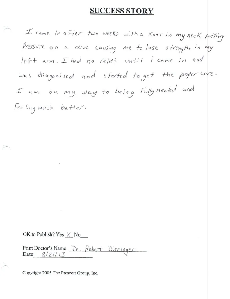 Handwritten success story describing neck and shoulder pain relief after chiropractic care, dated 8/21/13 and approved for publication by Dr. Robert Dieringer.