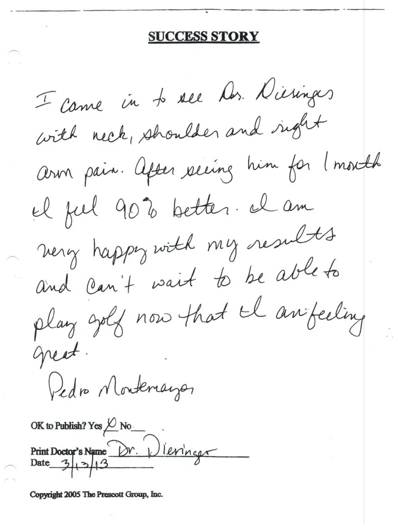 Handwritten patient success story describing relief from neck, shoulder and arm pain after one month of chiropractic care, signed by Pedro Makeregas