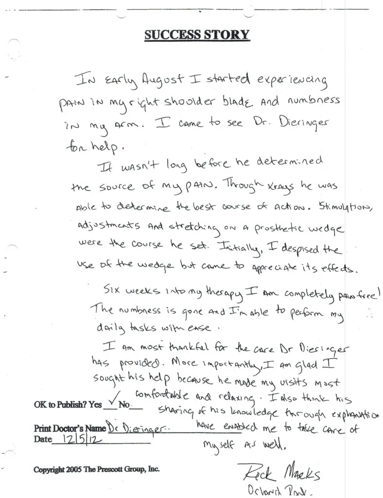 Handwritten success story describing treatment for right shoulder blade pain and numbness, signed by Rick Marks, dated 12/15/12, with doctor approval checkbox