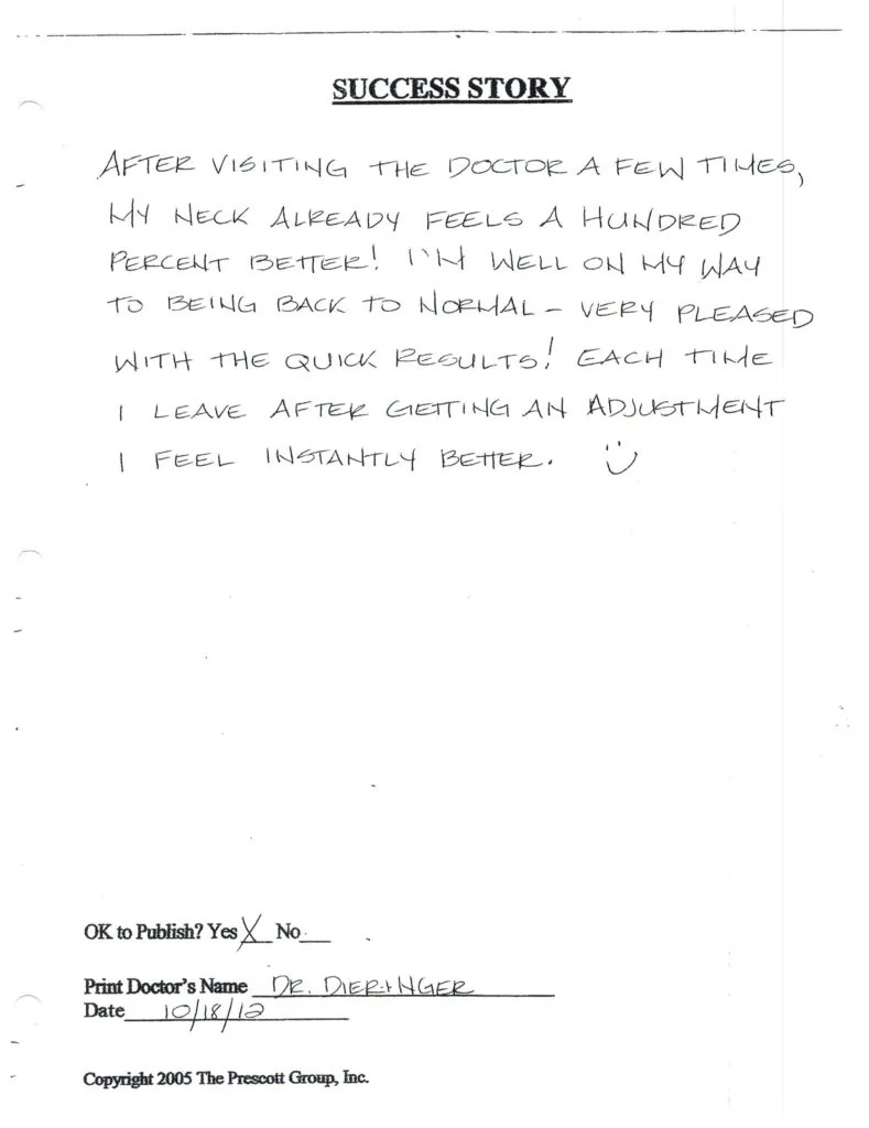 Handwritten patient testimonial praising neck improvement after chiropractic visits and adjustments
