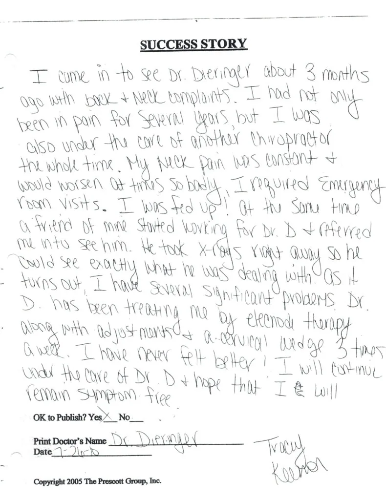 Handwritten success story describing neck and back pain treatment at a chiropractic clinic, signed by patient with doctor's name and date