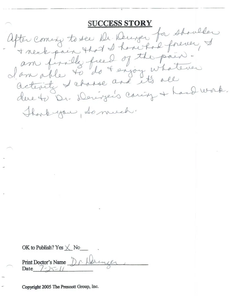 Handwritten success story testimonial describing shoulder and neck pain relief, signed by Dr. Dieringer with publication approval marked.