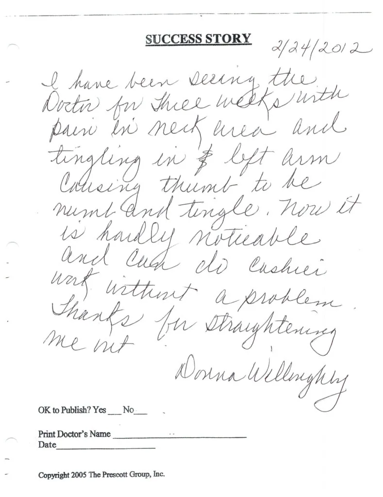 Handwritten success story dated 2/24/2012 describing neck and shoulder pain relief from chiropractic care