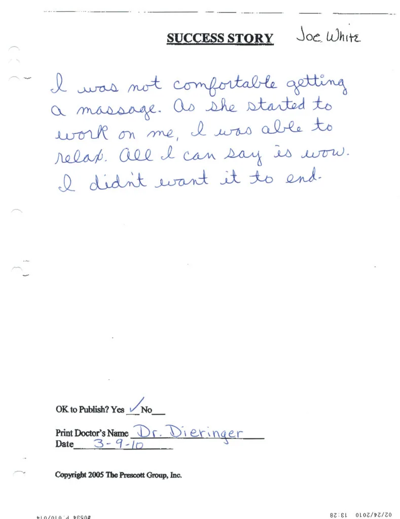 Handwritten success story from Joe White describing relaxation during a massage treatment, dated 3/27/10, marked OK to publish with doctor's name Dr. Dieringer.