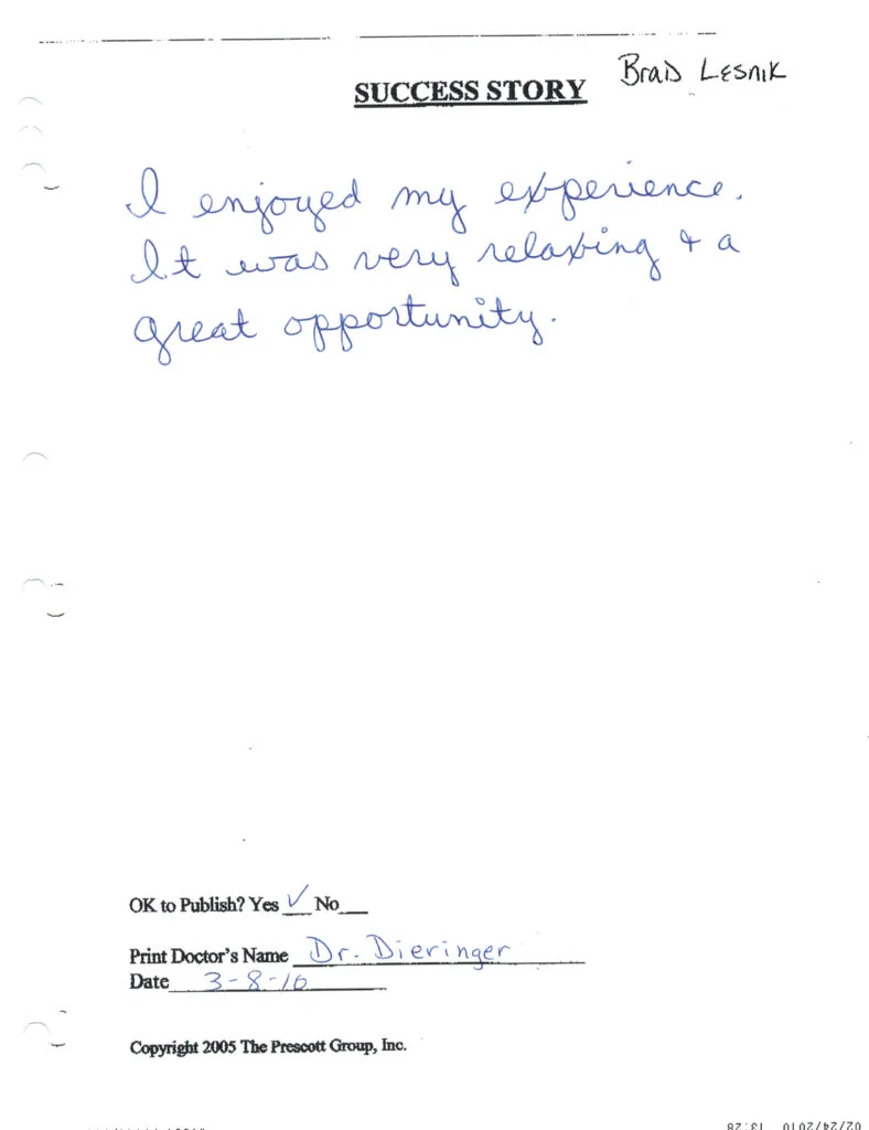Handwritten success story by Brad Lesnik praising a relaxing experience and opportunity, dated 3-8-10