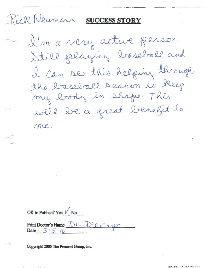 Handwritten success story by Rick Neumann describing staying active and playing baseball with chiropractic care benefits