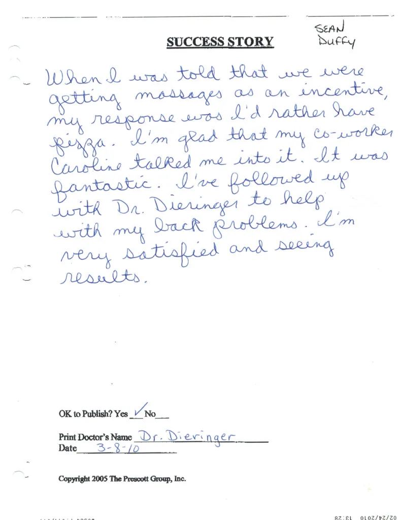 Handwritten success story testimonial signed by Sean Duffy describing chiropractic treatment results