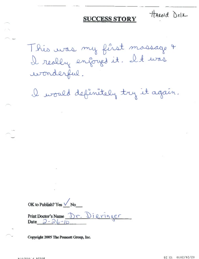 Handwritten success story testimonial praising first massage experience, signed by Harold Delk with doctor name Dr. Dieringer and date 2-26-15