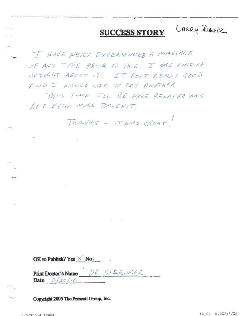 Handwritten success story testimonial on letterhead dated 2/25/10, describing positive massage experience and intention to return for future sessions.