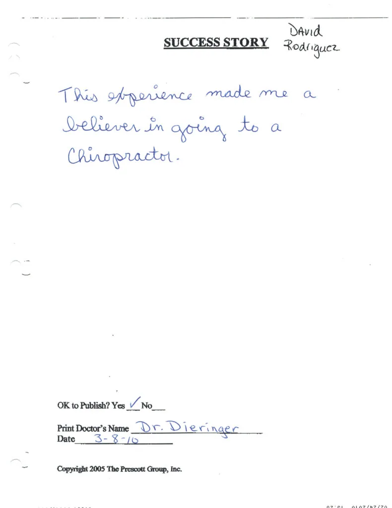 Handwritten success story by David Rodriguez stating the experience made him a believer in going to a chiropractor