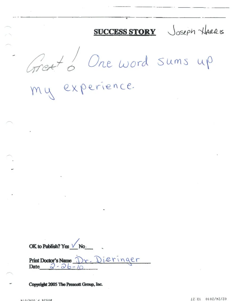 Handwritten success story form titled 'SUCCESS STORY' attributed to Joseph Harris, with text reading 'Best 1 One word sums up my experience.' Includes checkboxes for publication approval and doctor's name Dr. Dieringer with date 3-26-10.