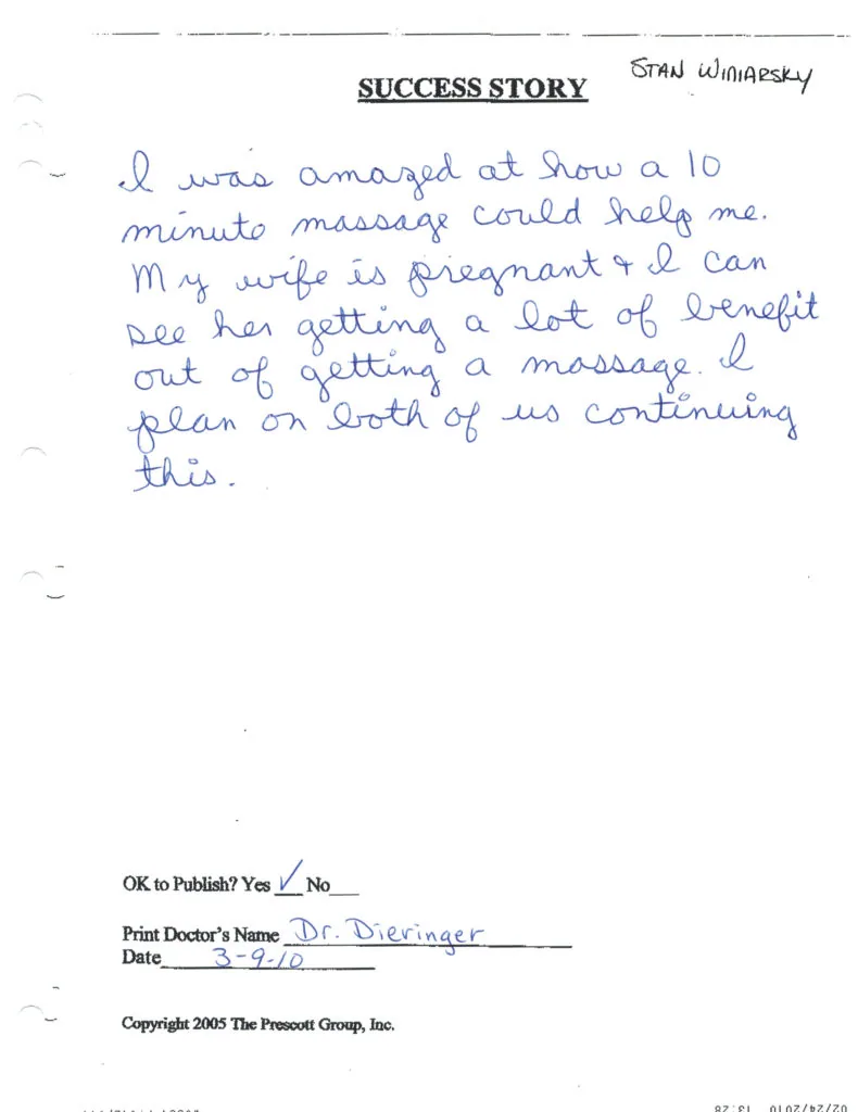 Handwritten success story describing a patient's experience with a 10-minute massage while pregnant, dated 3-9-10