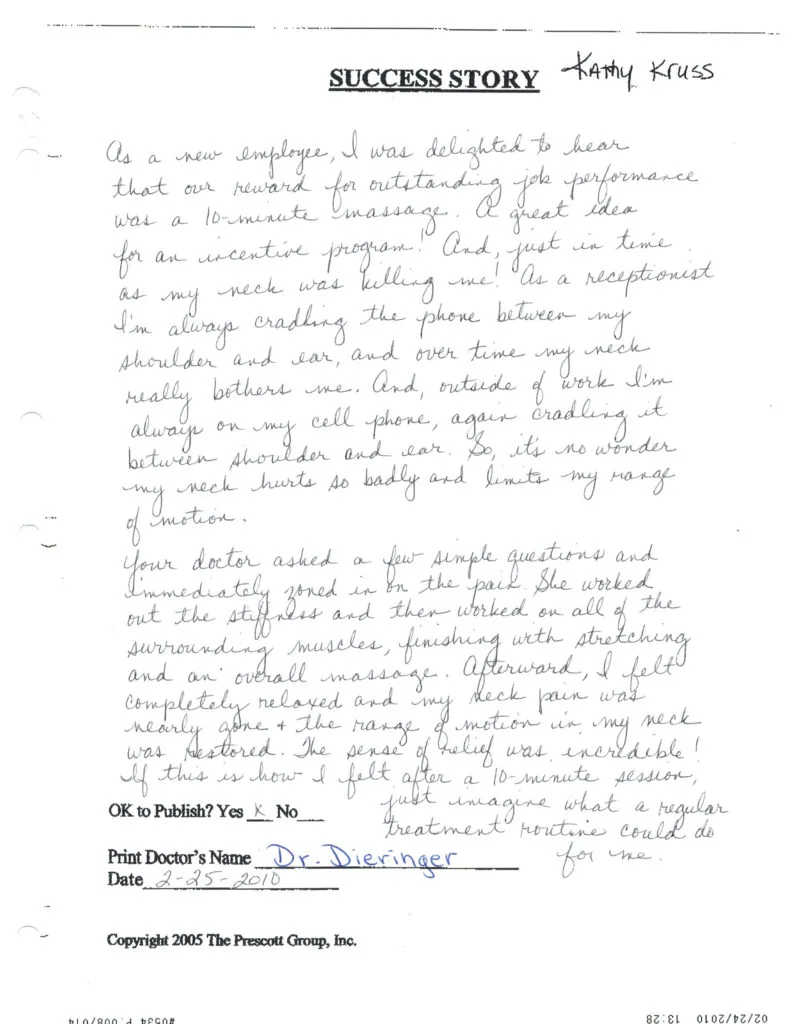 Handwritten success story from Kathy Kraus describing neck pain relief after chiropractic treatment, dated 2-25-2010, approved by Dr. Dieringer
