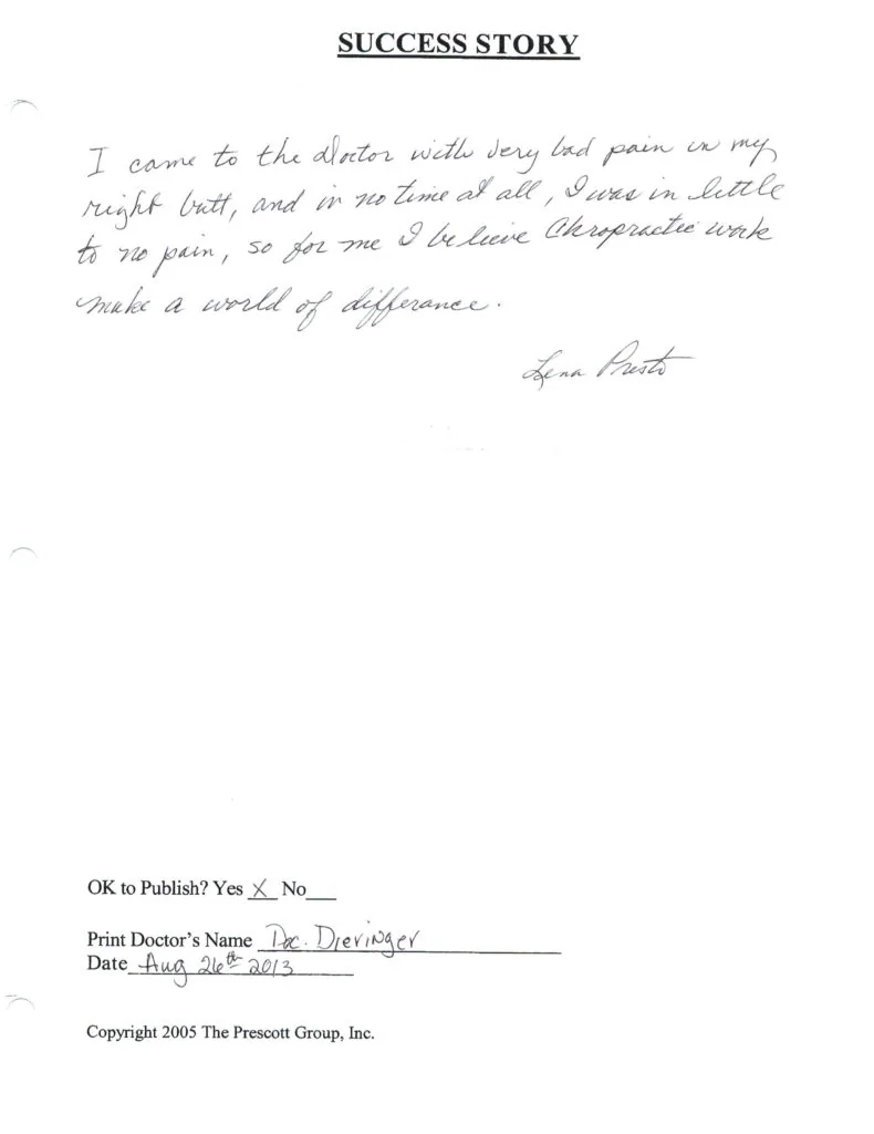 Handwritten success story testimonial dated August 2005 signed by a patient describing pain relief experience at a chiropractic clinic