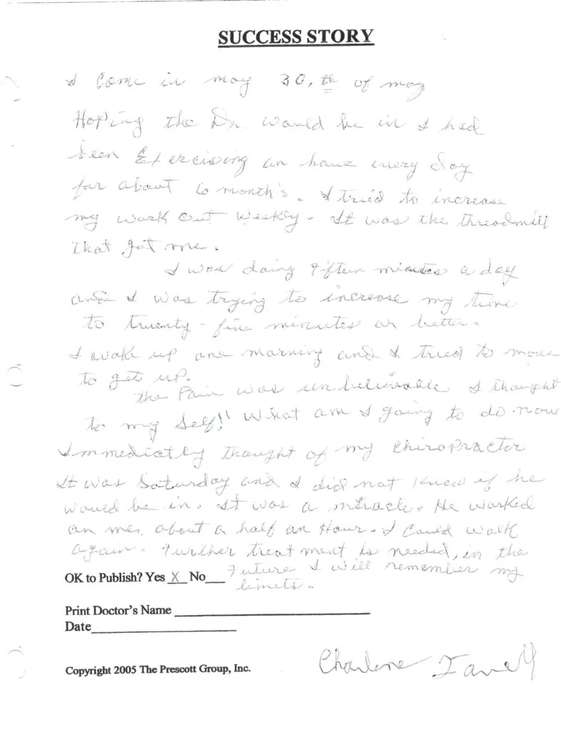 Handwritten success story document with printed header and copyright notice from 2005 The Prescott Group, Inc.