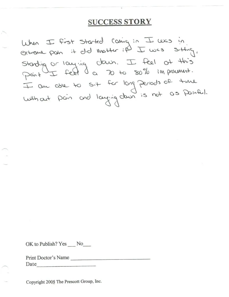 Handwritten success story describing pain relief and improved mobility from chiropractic treatment