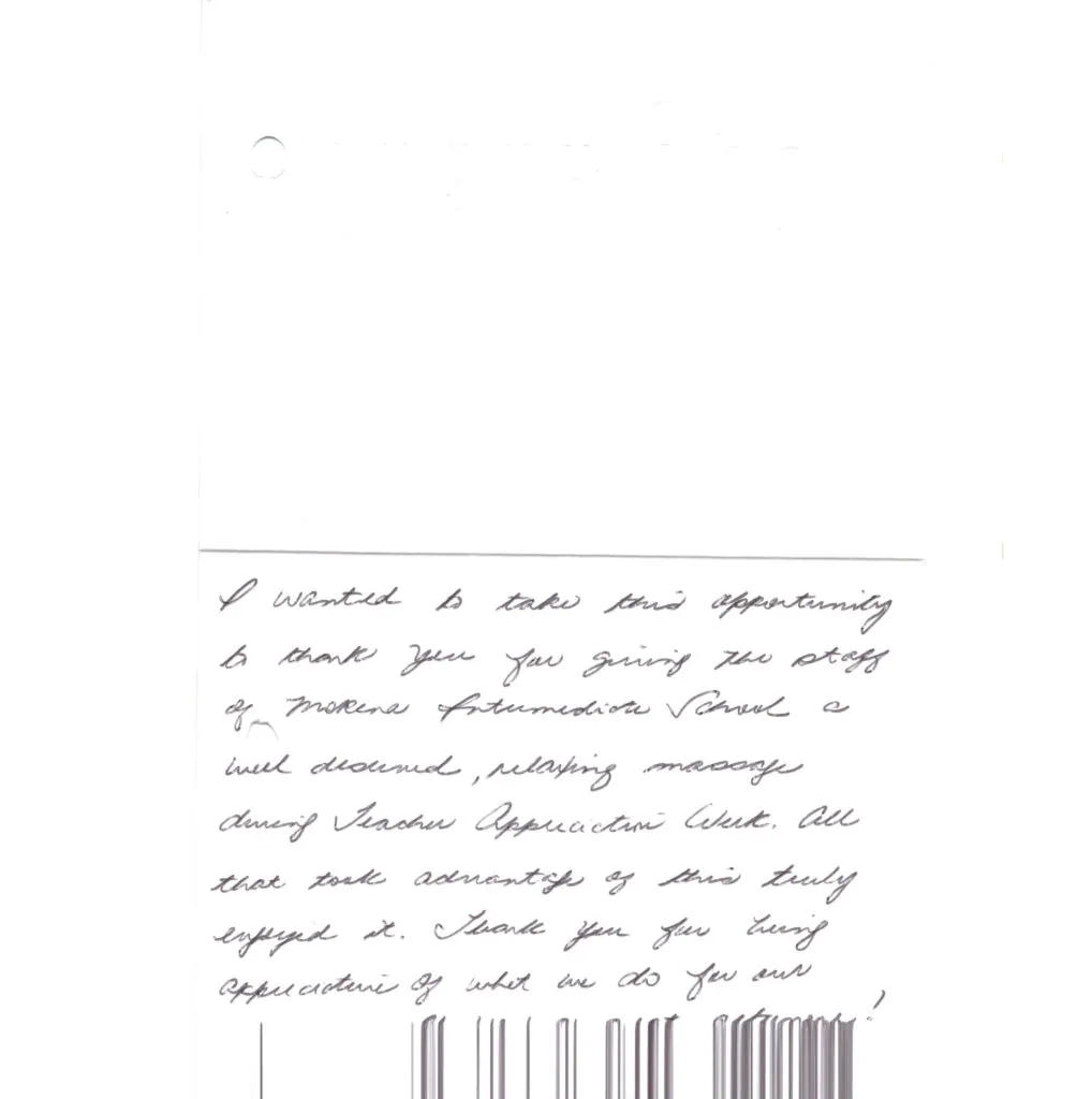 Handwritten note expressing appreciation for staff at Dieringer Chiropractic Health Clinic during Teacher Appreciation Week