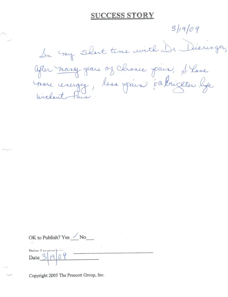 Handwritten success story dated 3/9/09 describing experience at Dieringer Chiropractic, with publication approval checkbox and copyright notice.