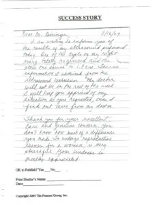 Handwritten success story letter dated 3/16/07 thanking Dr. Dieringer for ultrasound treatment results, with publication consent checkbox below