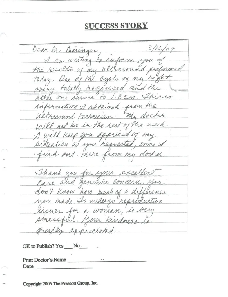 Handwritten success story letter dated 3/16/07 thanking Dr. Dieringer for ultrasound treatment results, with publication consent checkbox below